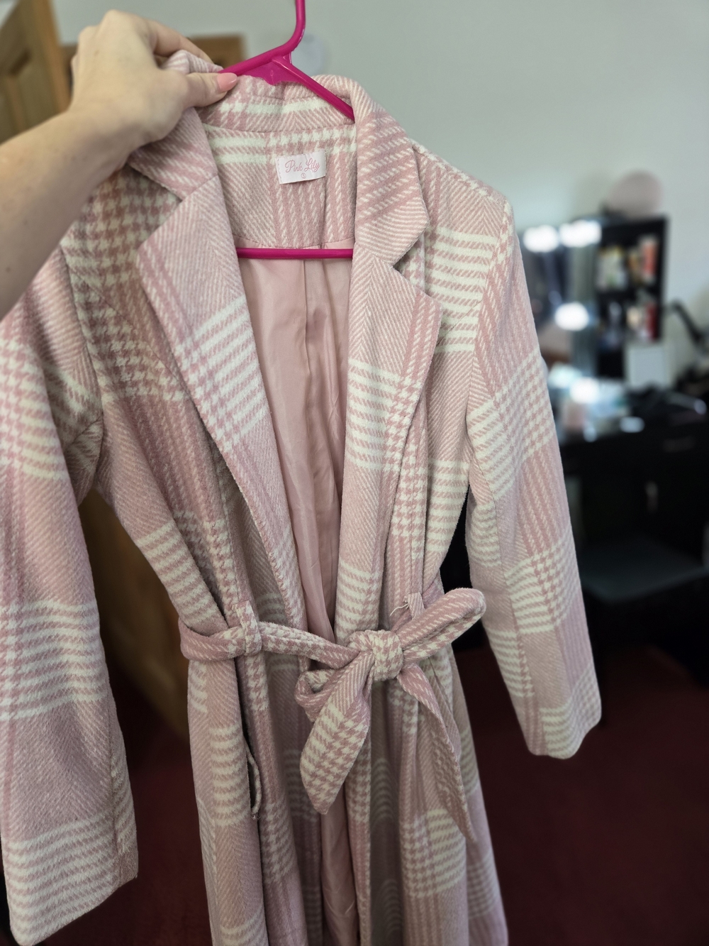 Pink Lily Pink & Cream Plaid Belted Robe Coat